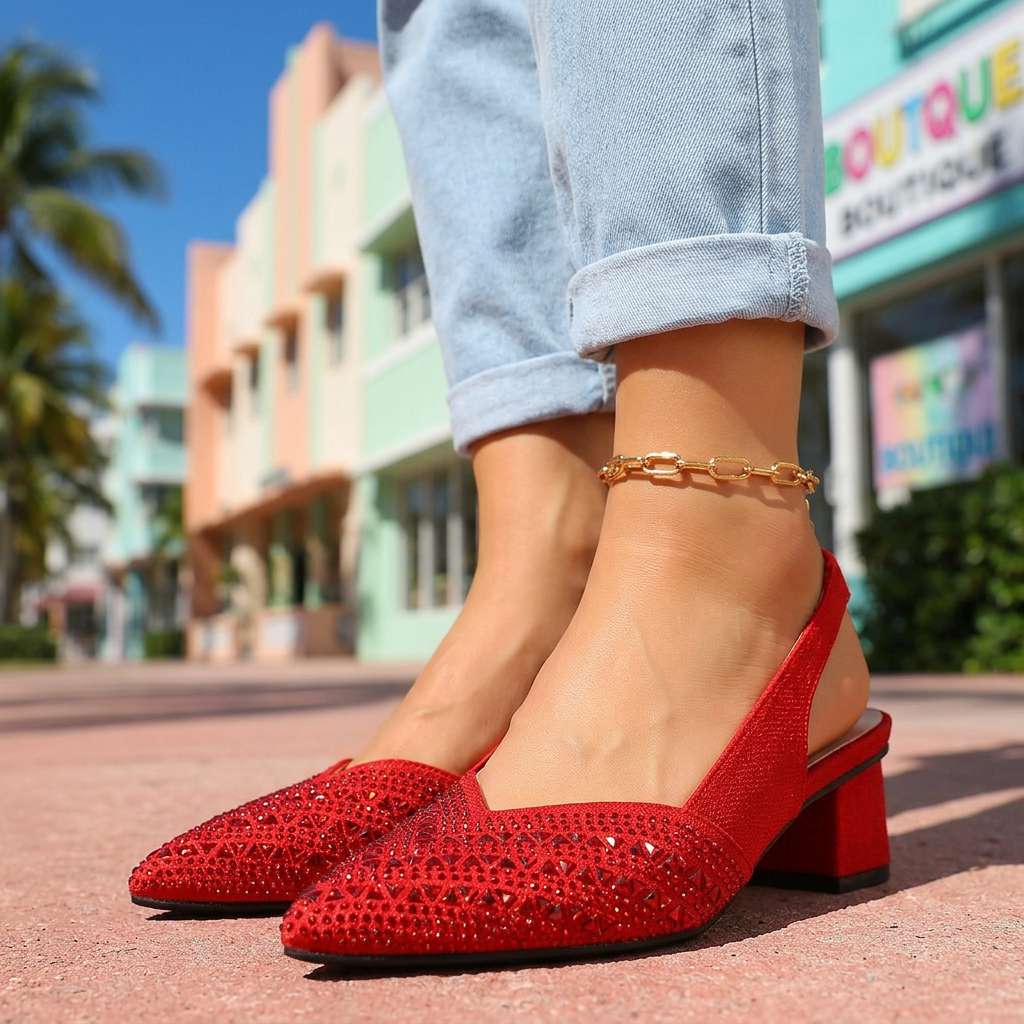 Women's Jewel Embellished Slingback Heels with Low Block Heel