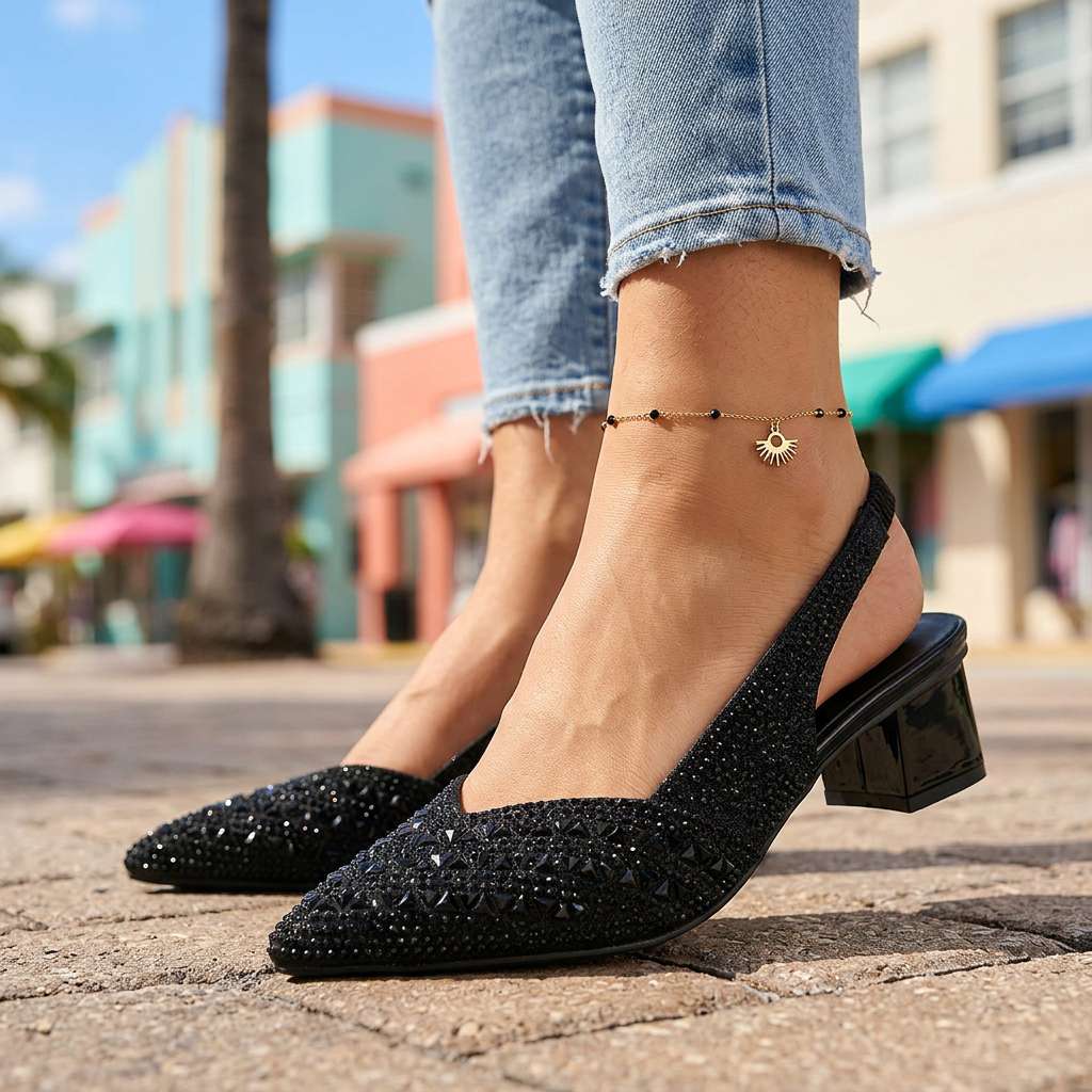 Women's Jewel Embellished Slingback Heels with Low Block Heel