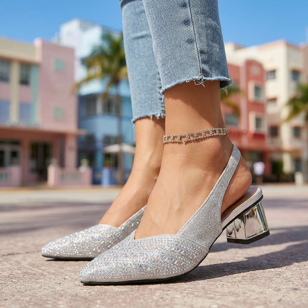 Women's Jewel Embellished Slingback Heels with Low Block Heel