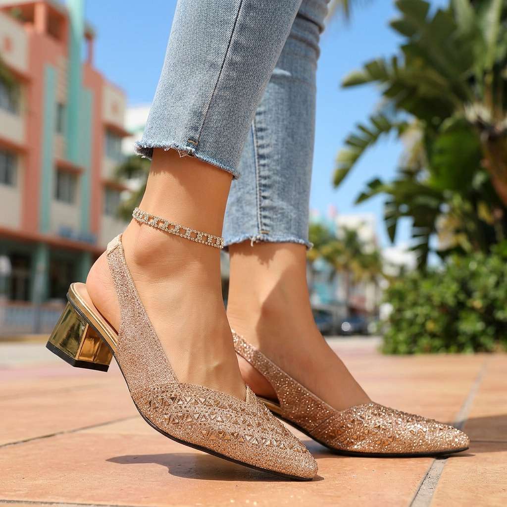 Women's Jewel Embellished Slingback Heels with Low Block Heel