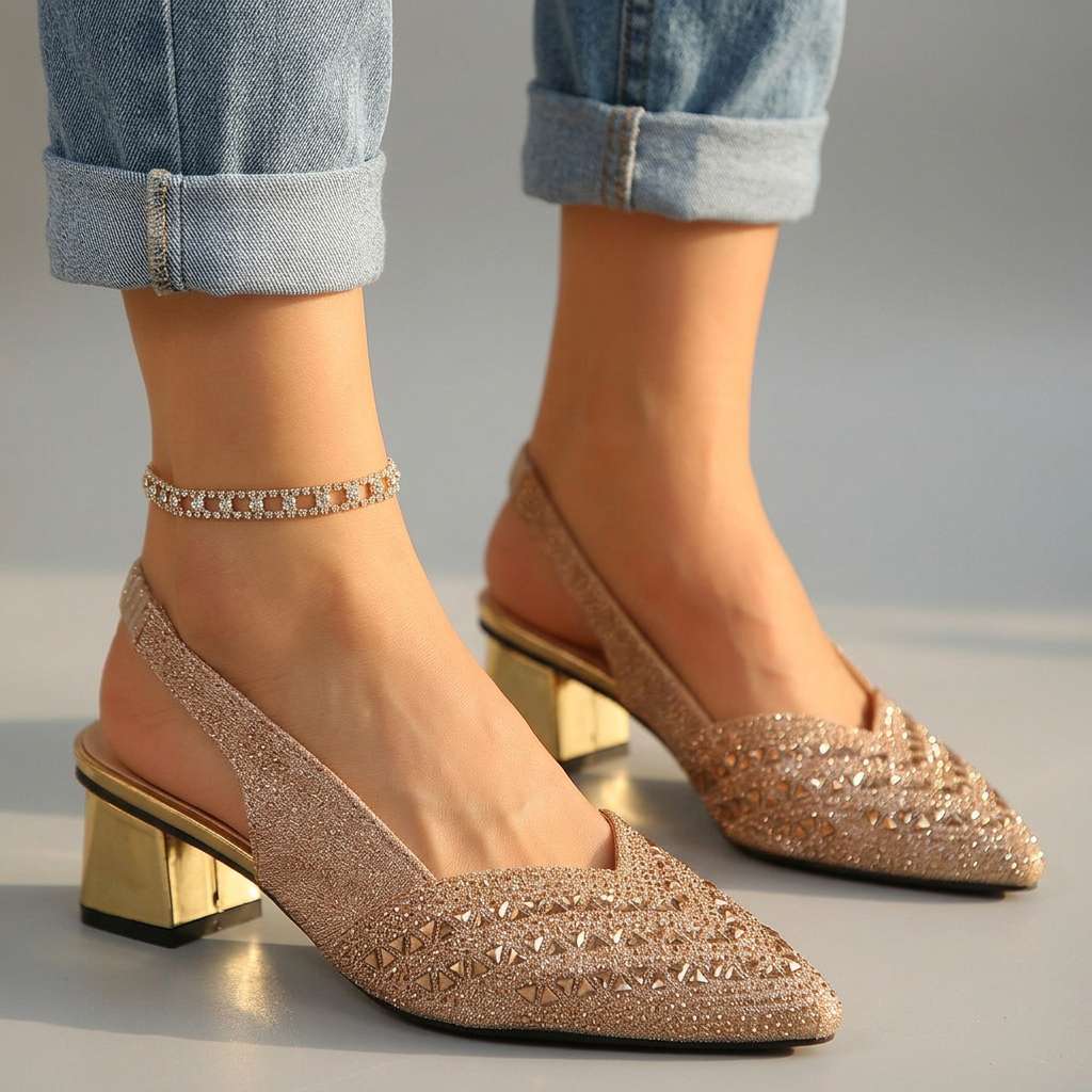 Women's Jewel Embellished Slingback Heels with Low Block Heel
