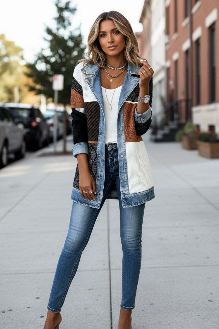 Women's Knit Casual Cardigan Jacket with Denim Collar