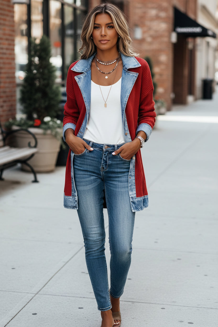 Women's Knit Casual Cardigan Jacket with Denim Collar