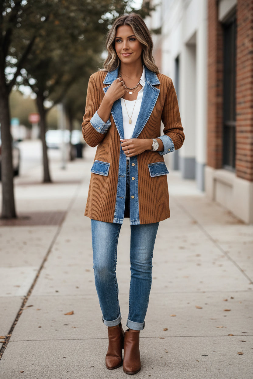 Women's Knit Casual Cardigan Jacket with Denim Collar