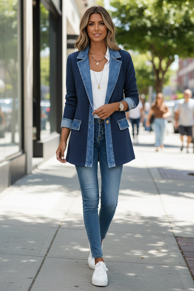 Women's Knit Casual Cardigan Jacket with Denim Collar