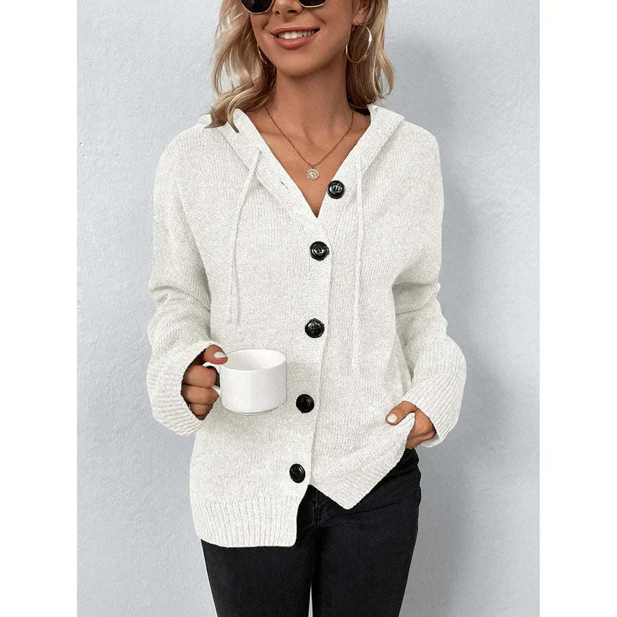 Women's Knit Hooded Cardigan Sweater with Button Front