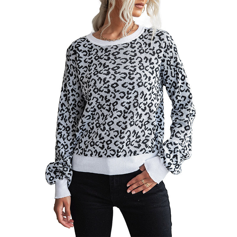 Women's Knit Leopard Pattern Sweater with Round Neck
