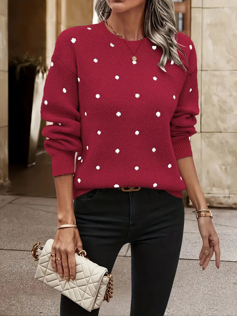 Women's Knit Long Sleeve Sweater with Polka Dot Design