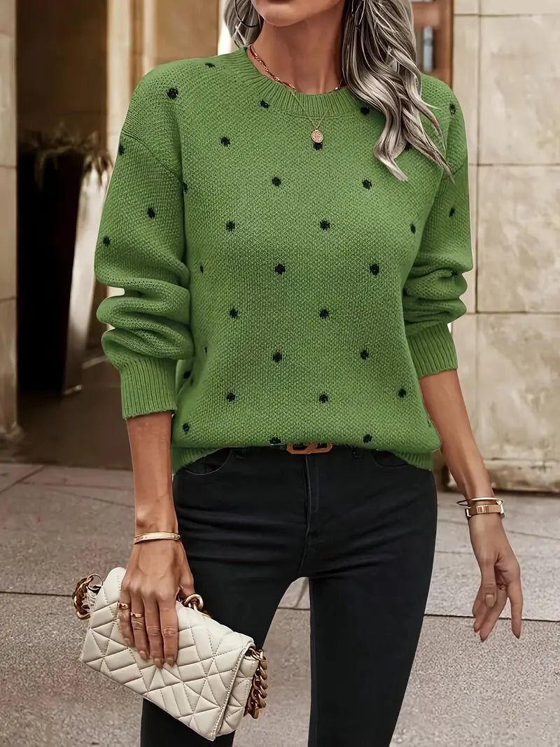 Women's Knit Long Sleeve Sweater with Polka Dot Design