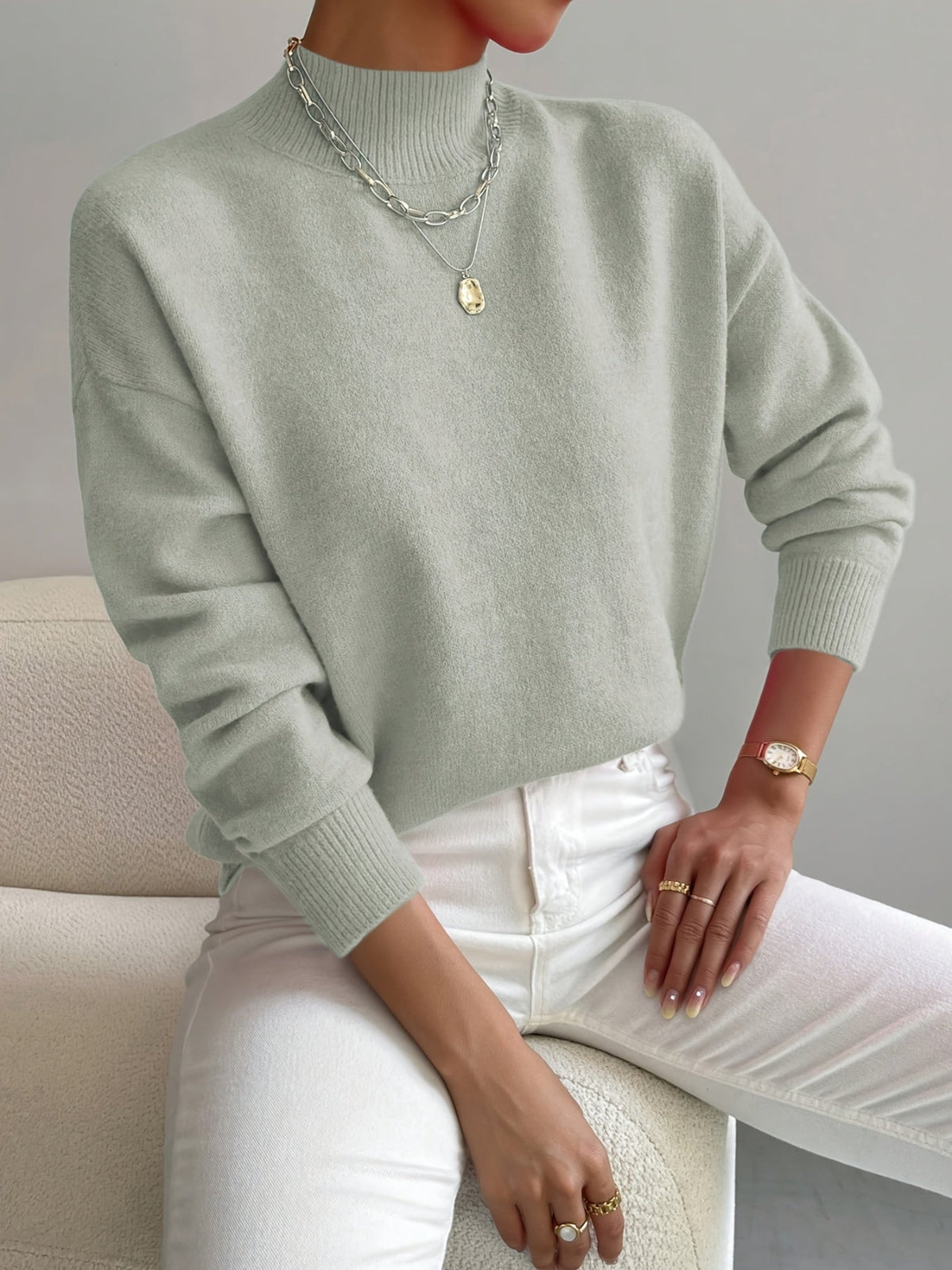 Women's Knit Mock Neck Sweater with Ribbed Cuffs