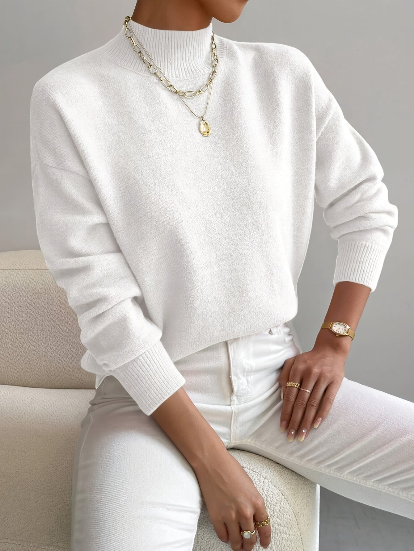Women's Knit Mock Neck Sweater with Ribbed Cuffs