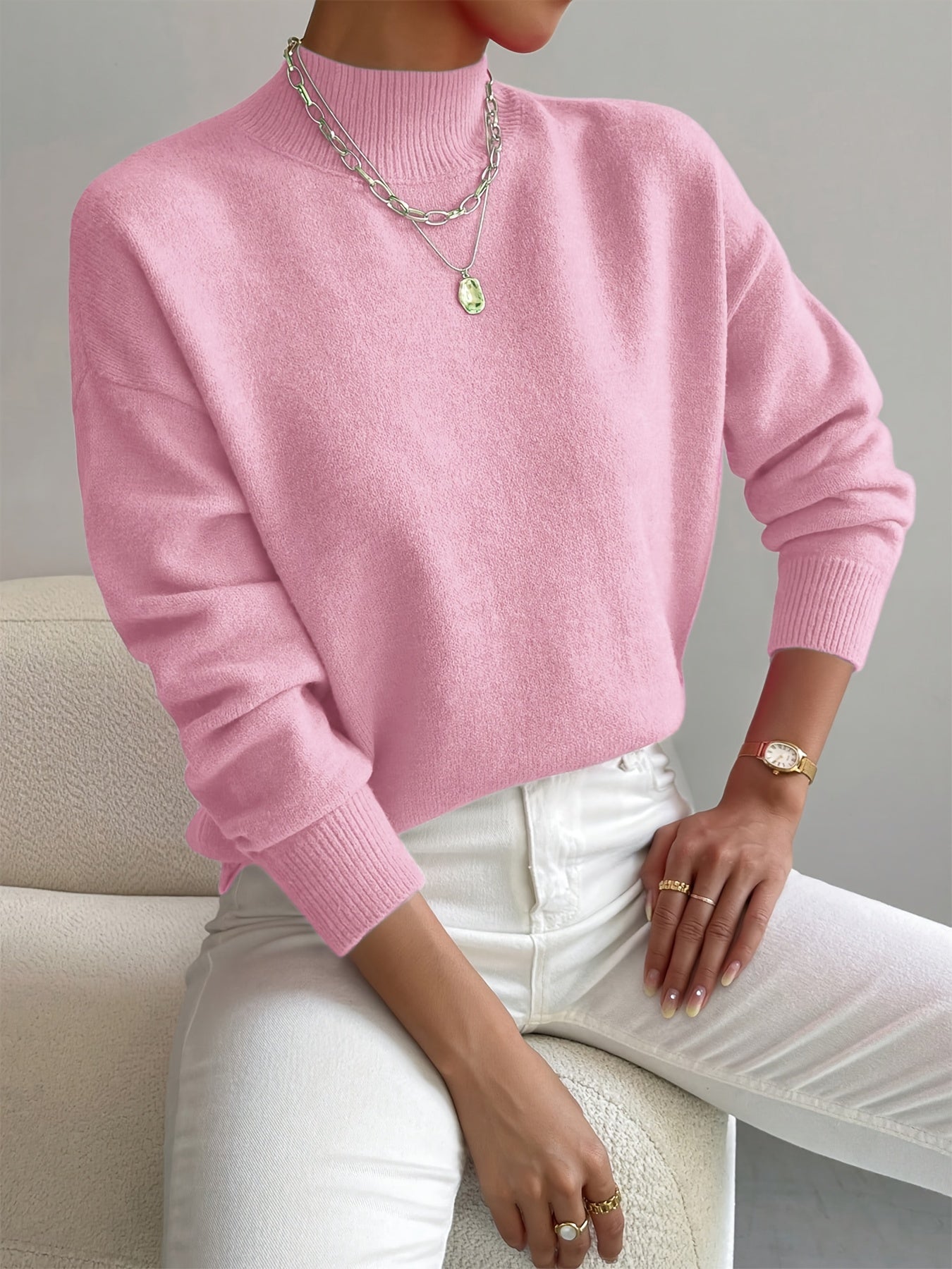 Women's Knit Mock Neck Sweater with Ribbed Cuffs