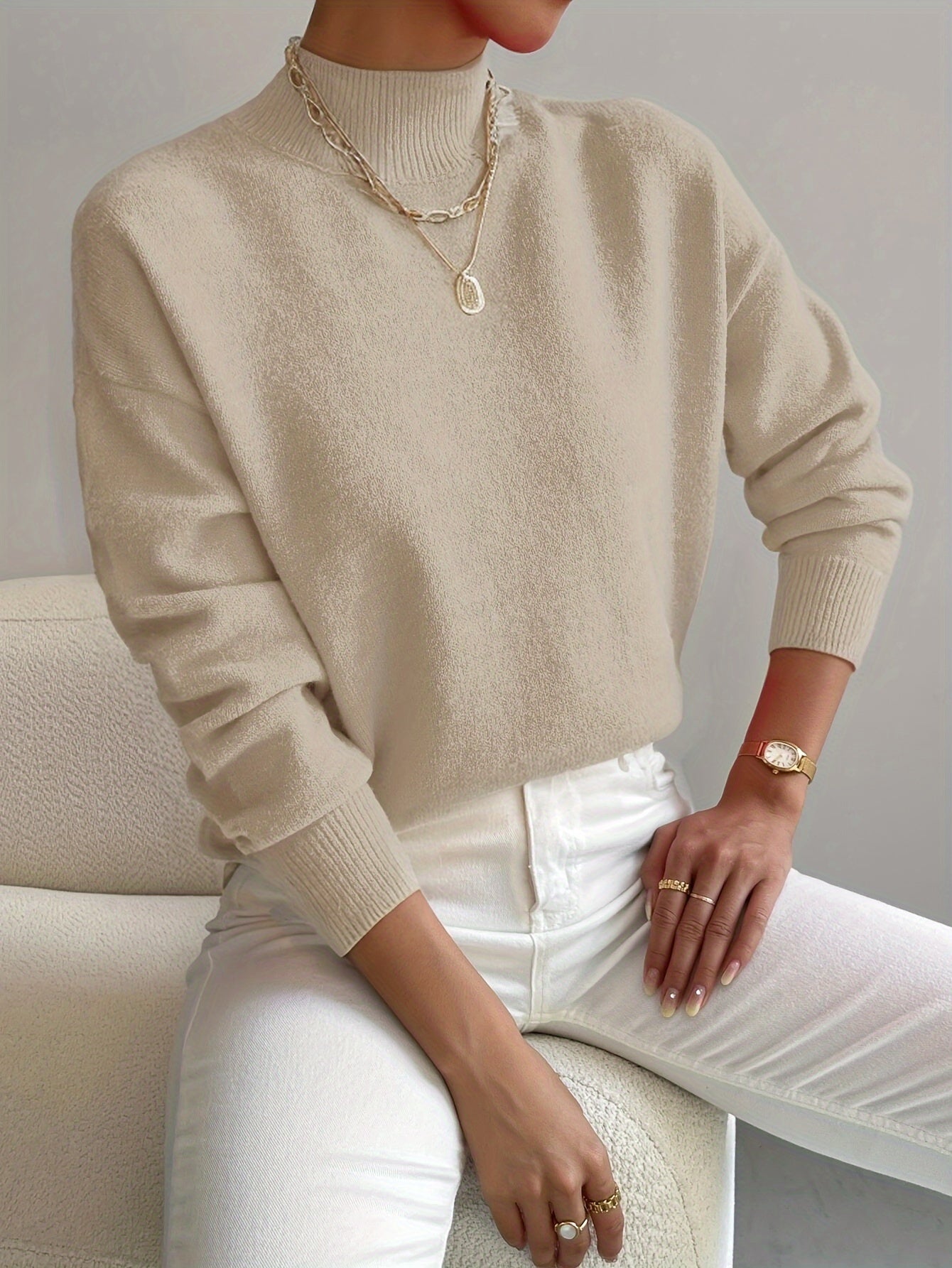 Women's Knit Mock Neck Sweater with Ribbed Cuffs