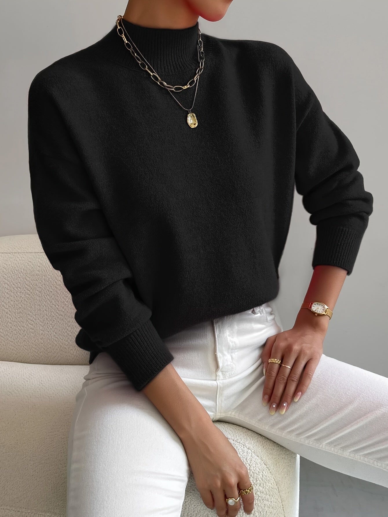 Women's Knit Mock Neck Sweater with Ribbed Cuffs