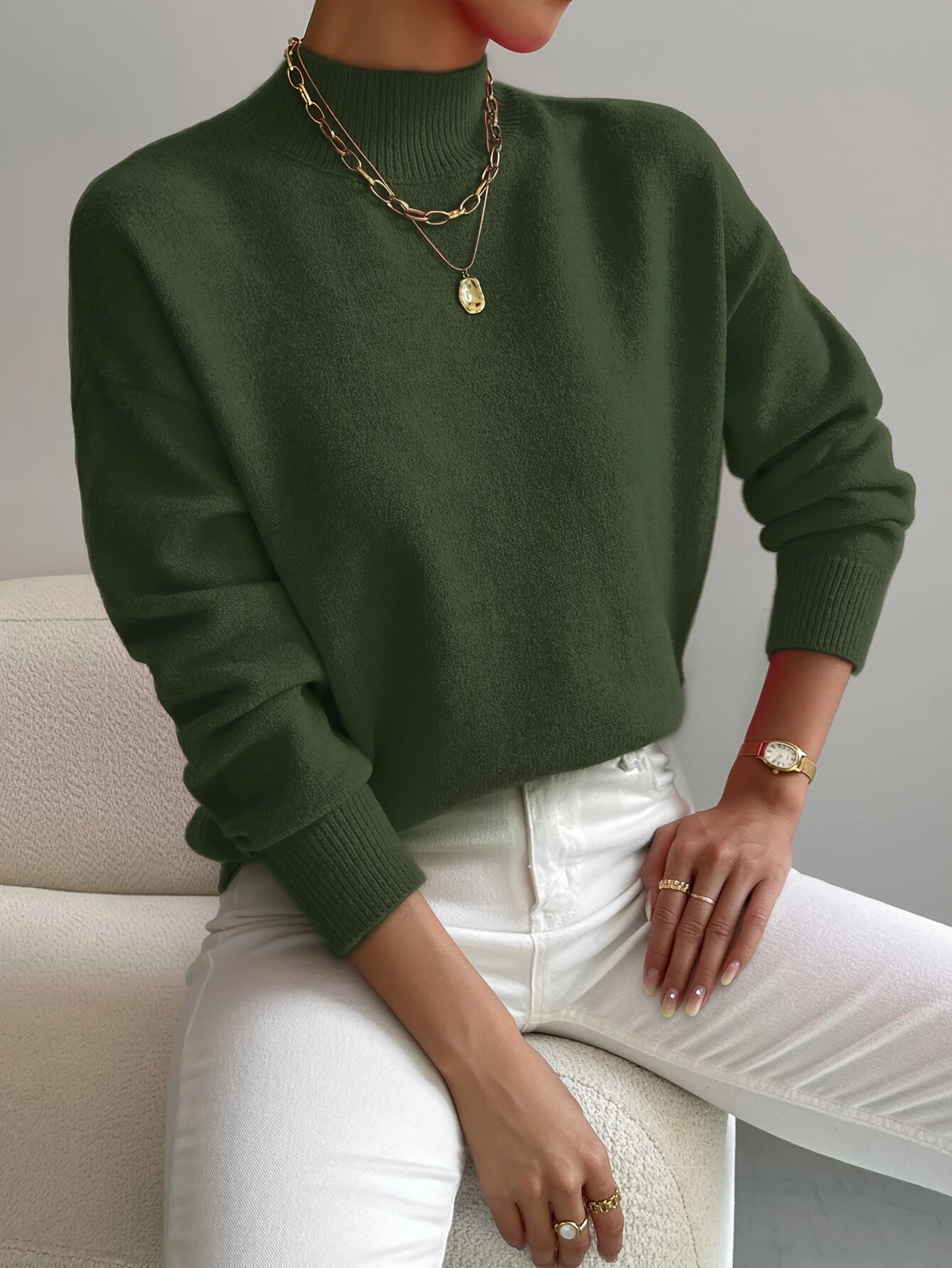 Women's Knit Mock Neck Sweater with Ribbed Cuffs