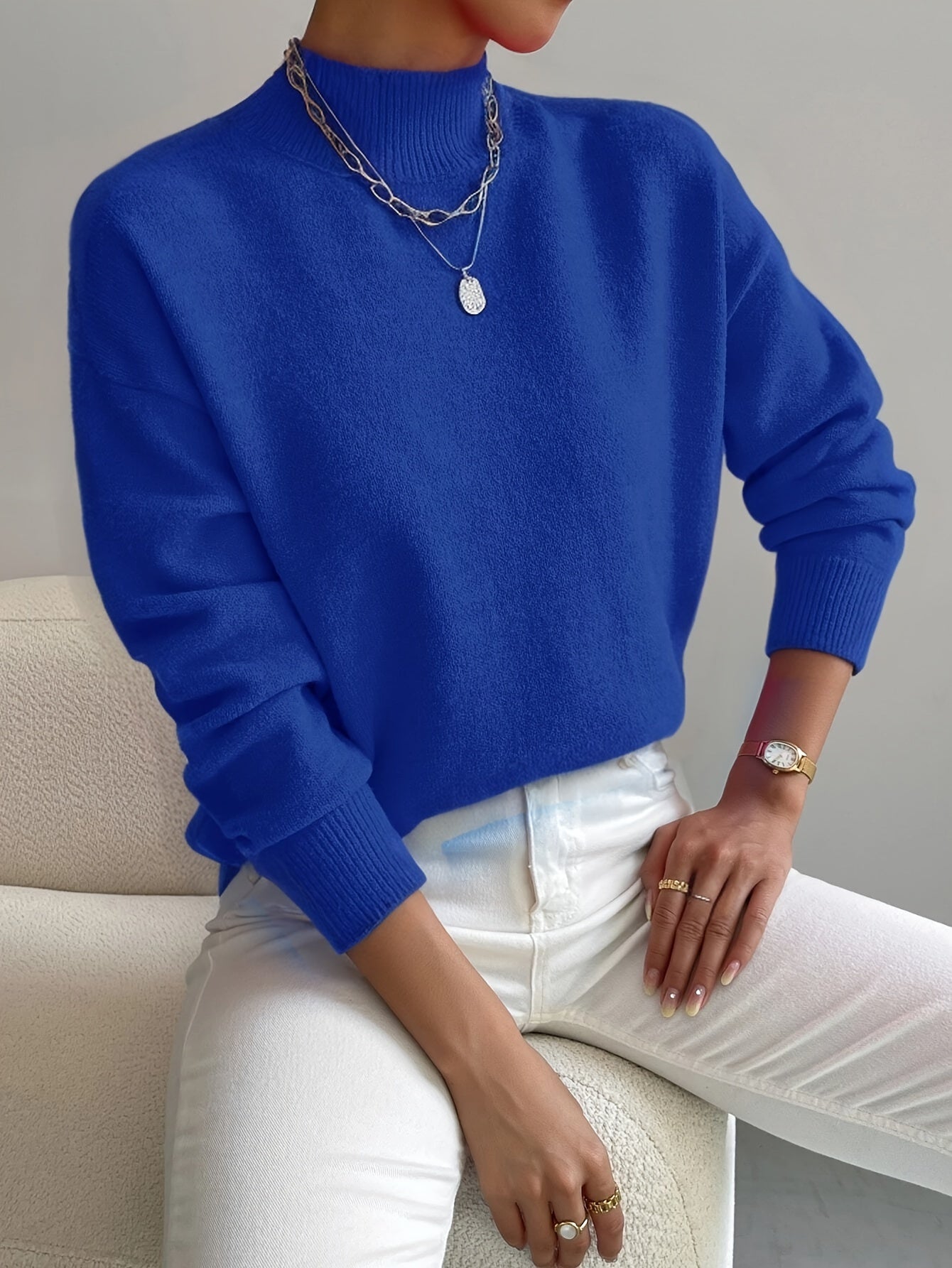Women's Knit Mock Neck Sweater with Ribbed Cuffs