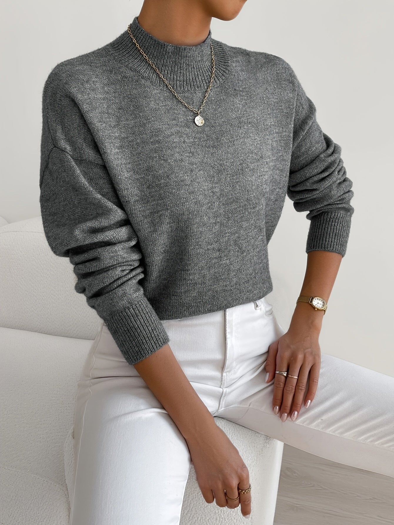 Women's Knit Mock Neck Sweater with Ribbed Cuffs