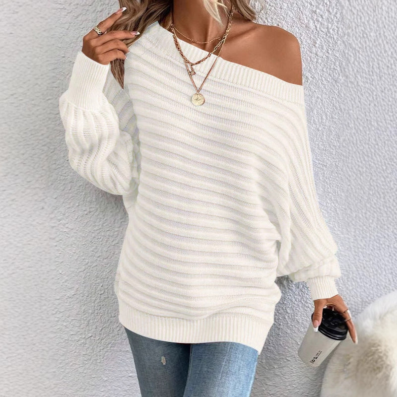 Women's Knit Oversized Sweater with Asymmetrical Neckline