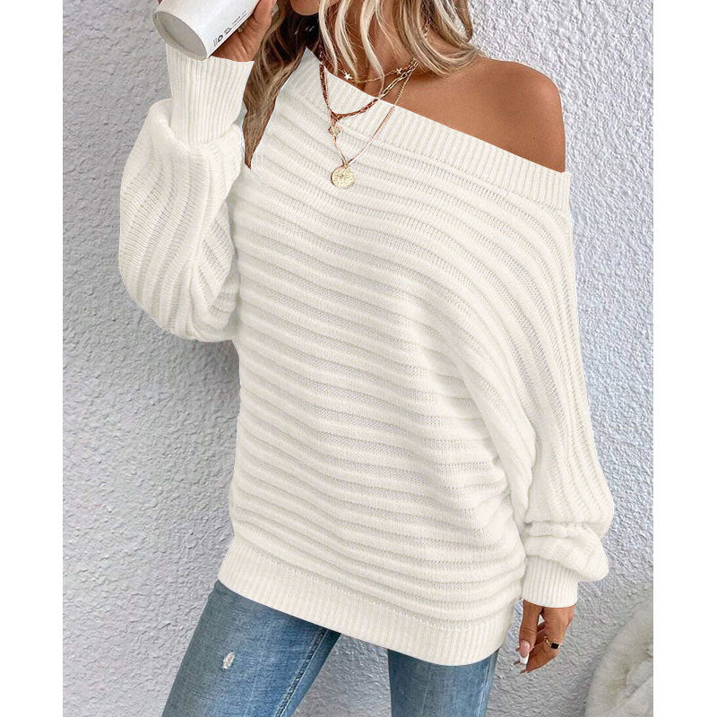 Women's Knit Oversized Sweater with Asymmetrical Neckline