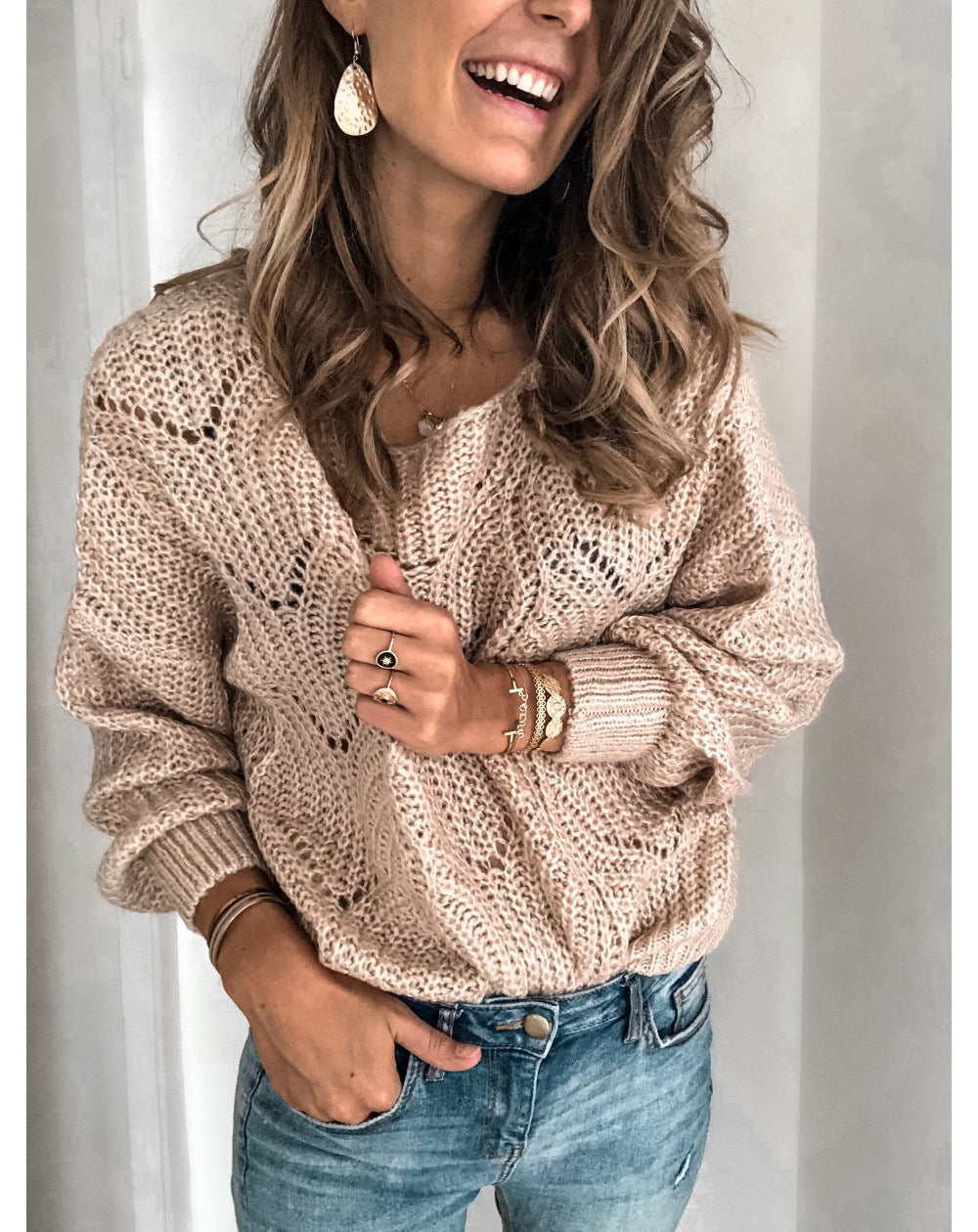 Women's Knit Oversized Sweater with Cable Design