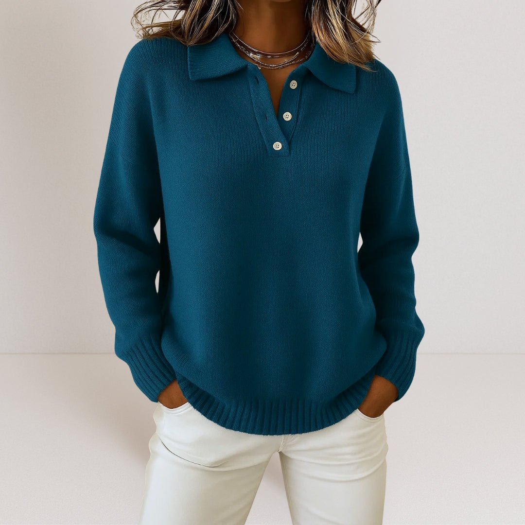 Women's Knit Polo Collar Sweater with Button Placket