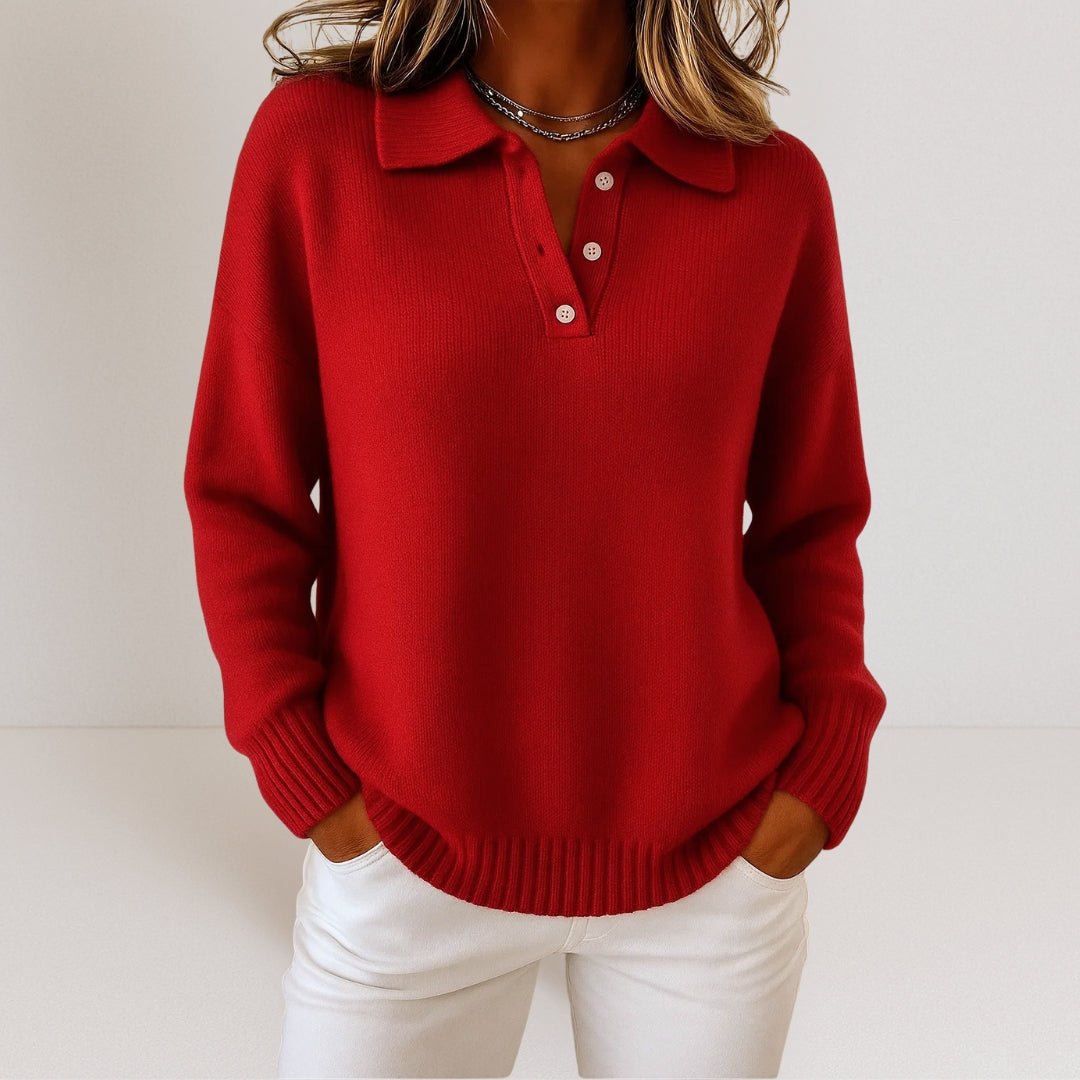 Women's Knit Polo Collar Sweater with Button Placket