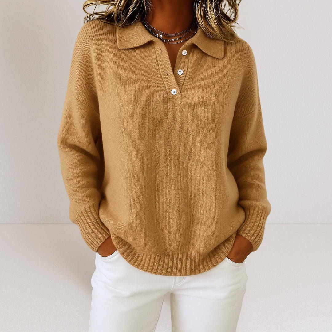 Women's Knit Polo Collar Sweater with Button Placket