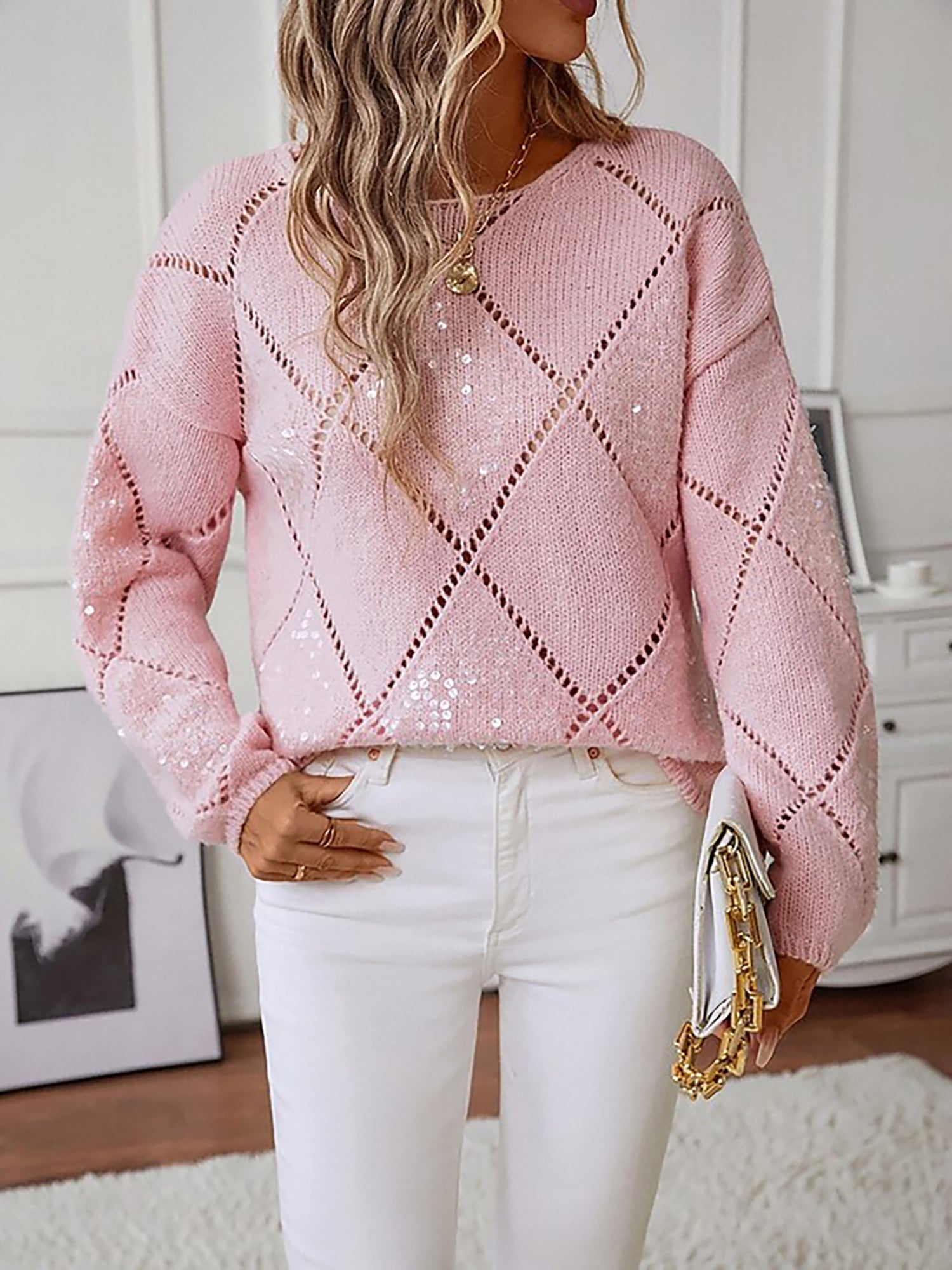 Women's Knit Puff Sleeve Sweater with Sequin Detail