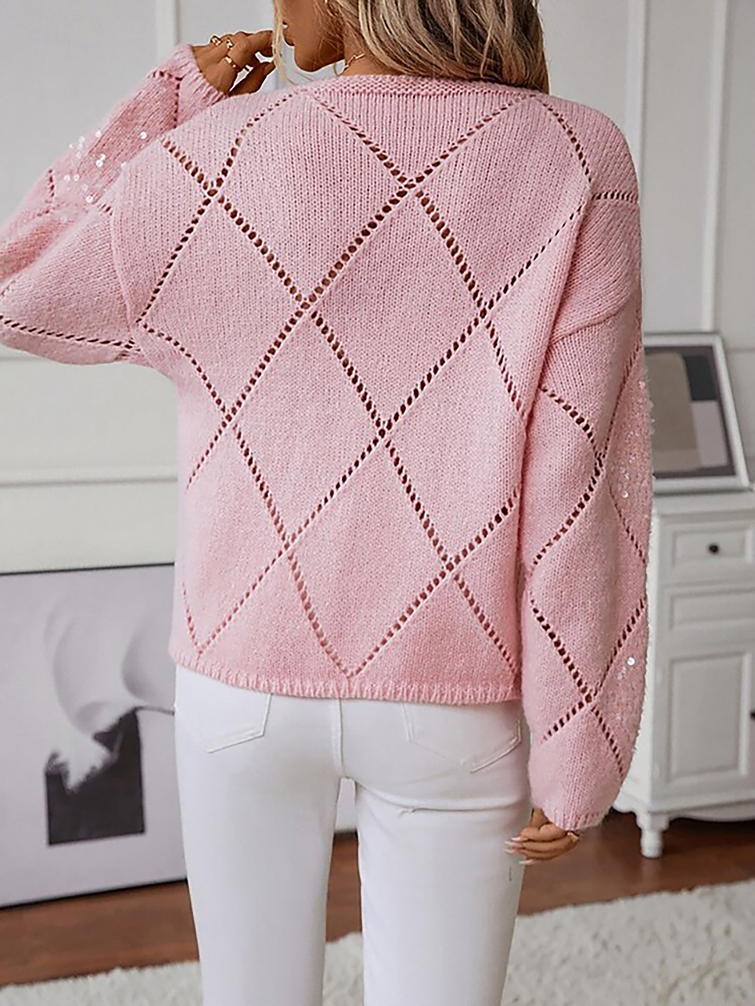 Women's Knit Puff Sleeve Sweater with Sequin Detail
