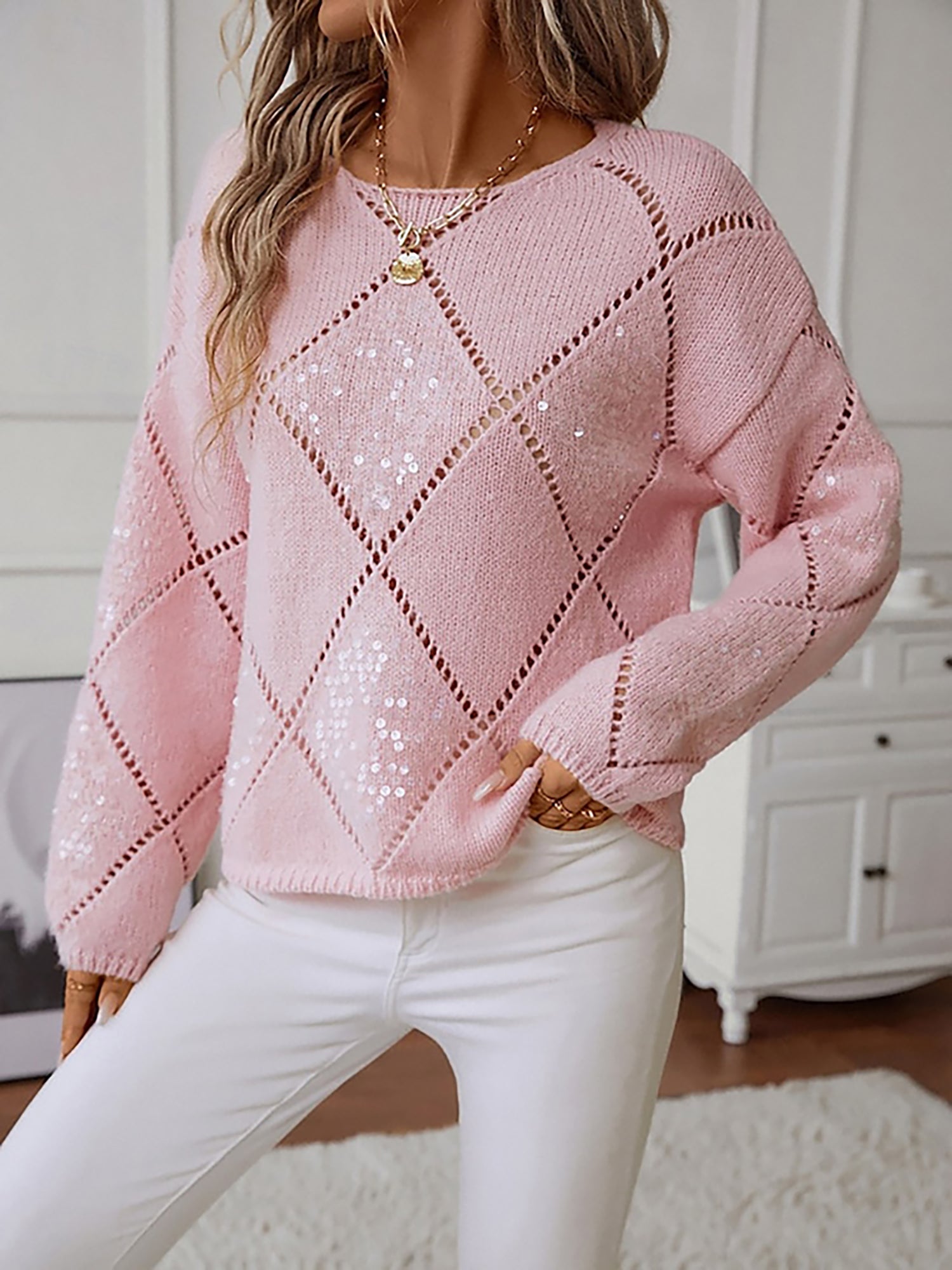 Women's Knit Puff Sleeve Sweater with Sequin Detail