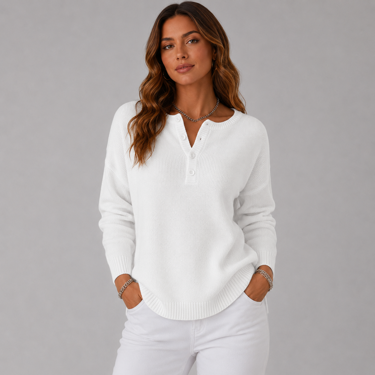 Women's Knit Relaxed Fit Sweater with Henley Button Neckline