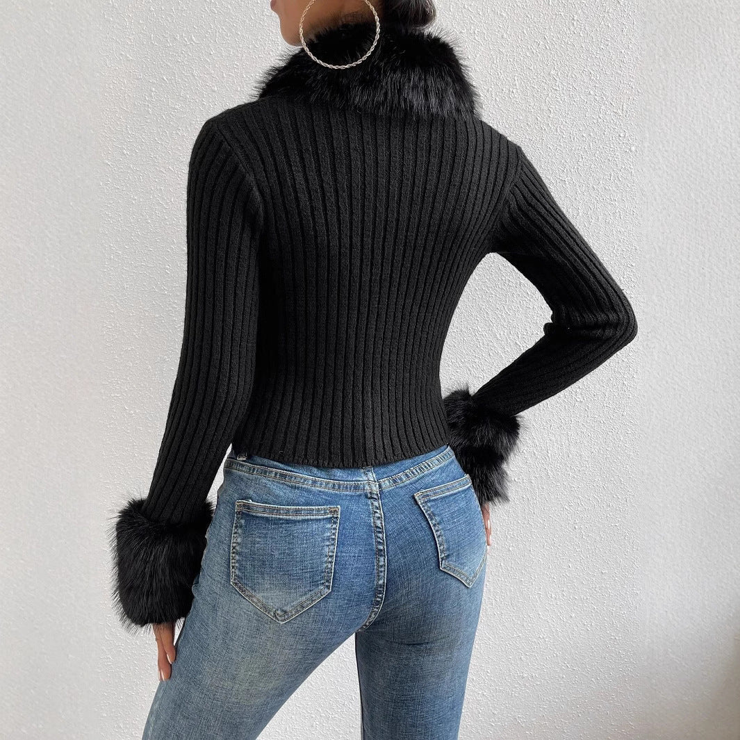 Women's Knit Sweater with Fluffy Collar and Chic Sleeves