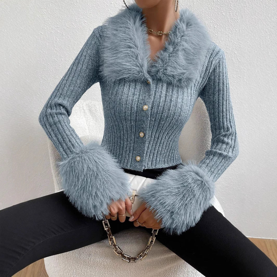 Women's Knit Sweater with Fluffy Collar and Chic Sleeves