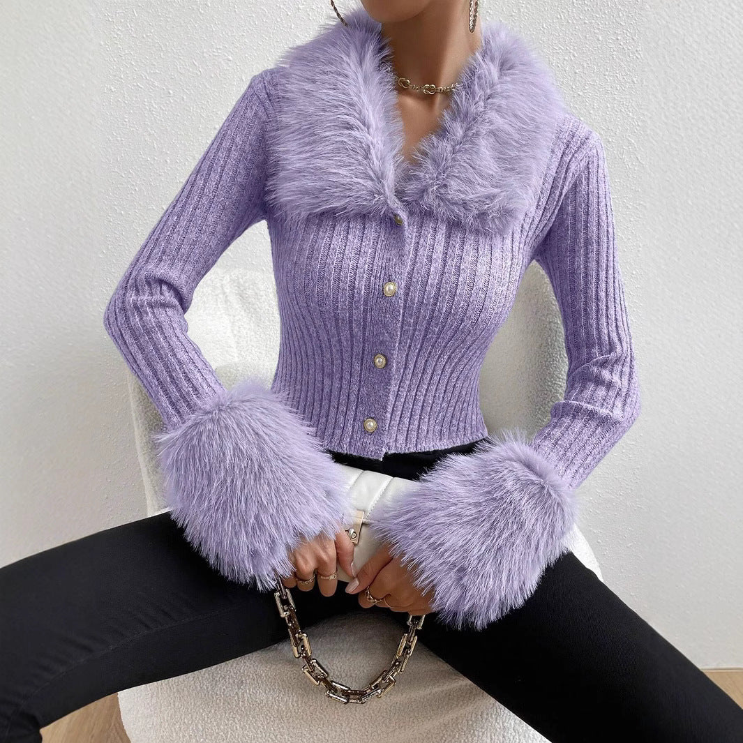 Women's Knit Sweater with Fluffy Collar and Chic Sleeves