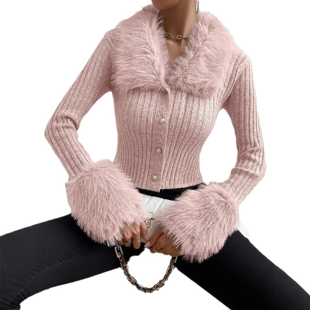 Women's Knit Sweater with Fluffy Collar and Chic Sleeves