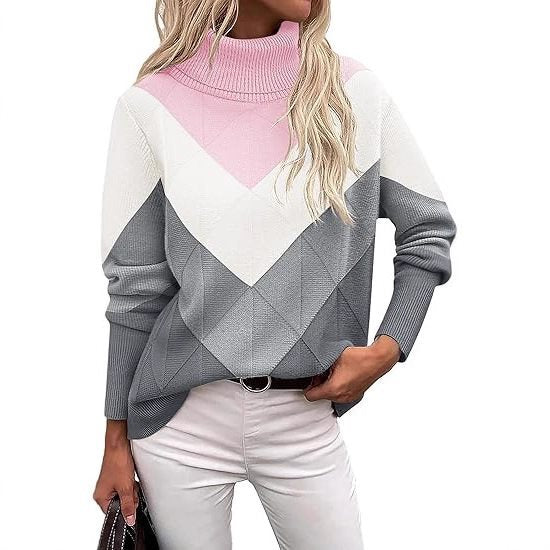 Women's Knit Turtleneck Sweater with Geometric Design