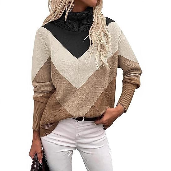 Women's Knit Turtleneck Sweater with Geometric Design