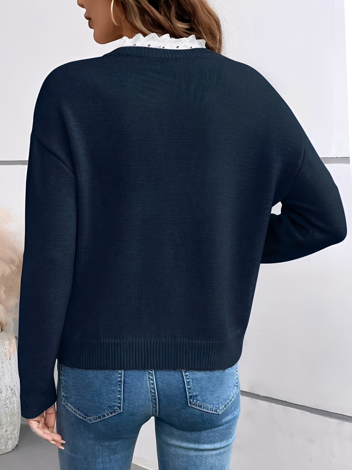 Women's Knit V-Neck Sweater with Lace Trim