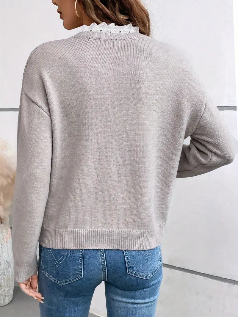 Women's Knit V-Neck Sweater with Lace Trim