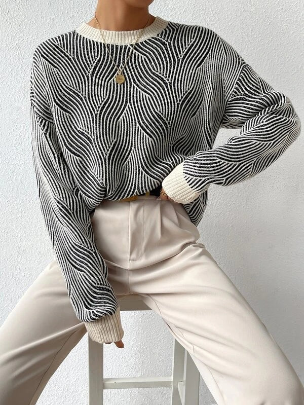 Women's Knit Wave Pattern Sweater with Relaxed Fit