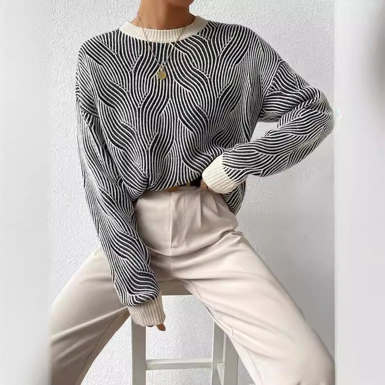Women's Knit Wave Pattern Sweater with Relaxed Fit