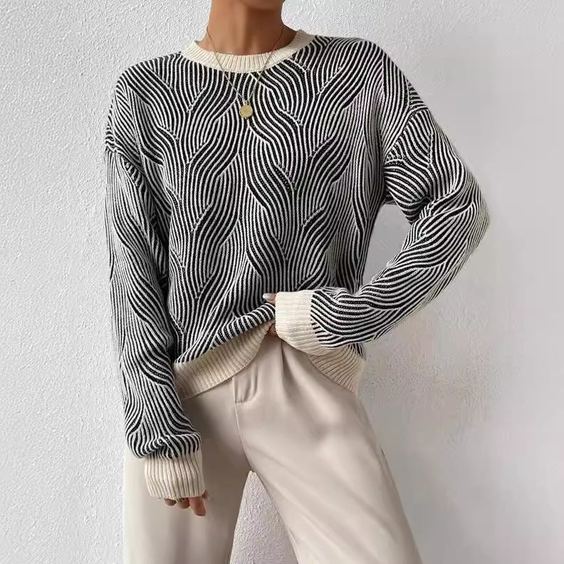 Women's Knit Wave Pattern Sweater with Relaxed Fit
