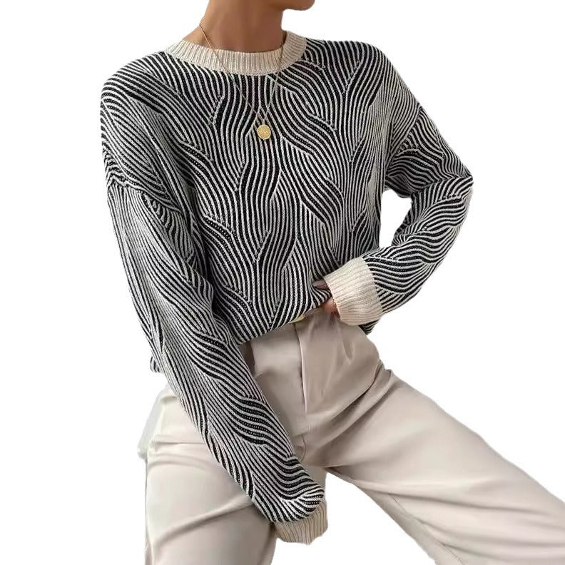 Women's Knit Wave Pattern Sweater with Relaxed Fit