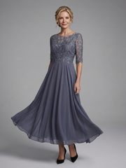 Women's Lace Bodice Midi Dress with Three-Quarter Sleeves
