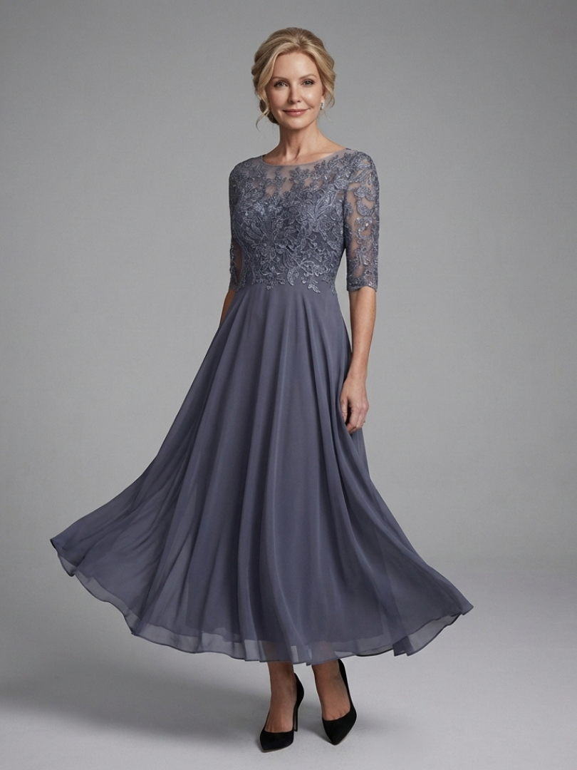 Women's Lace Bodice Midi Dress with Three-Quarter Sleeves