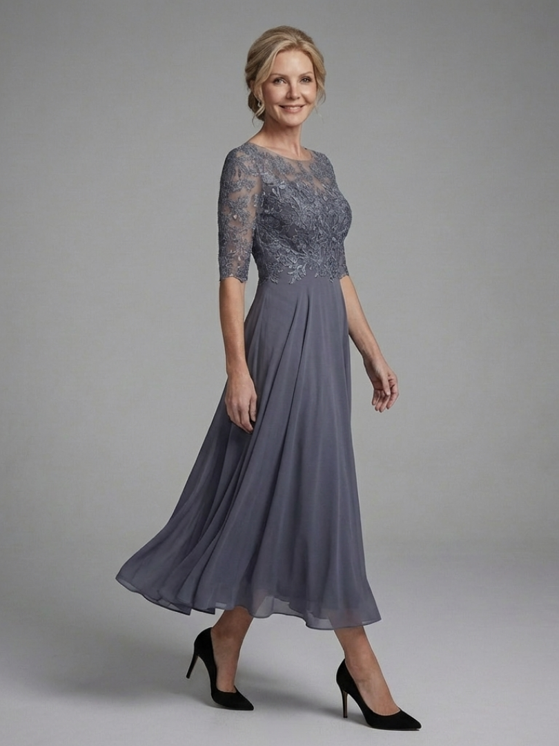 Women's Lace Bodice Midi Dress with Three-Quarter Sleeves