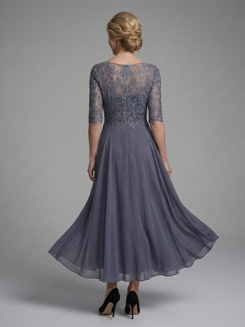 Women's Lace Bodice Midi Dress with Three-Quarter Sleeves