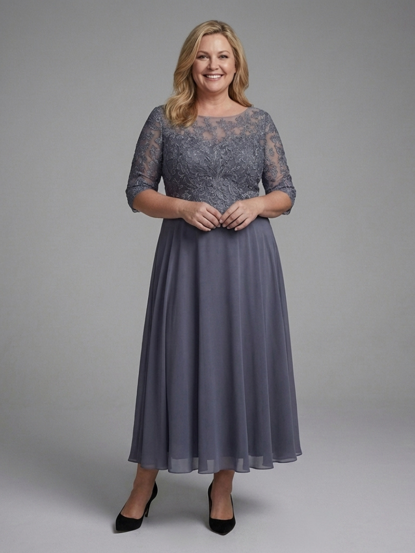 Women's Lace Bodice Midi Dress with Three-Quarter Sleeves