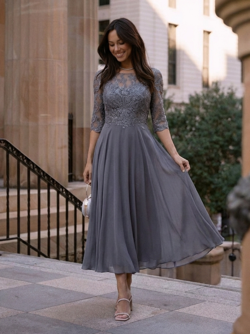 Women's Lace Bodice Midi Dress with Three-Quarter Sleeves