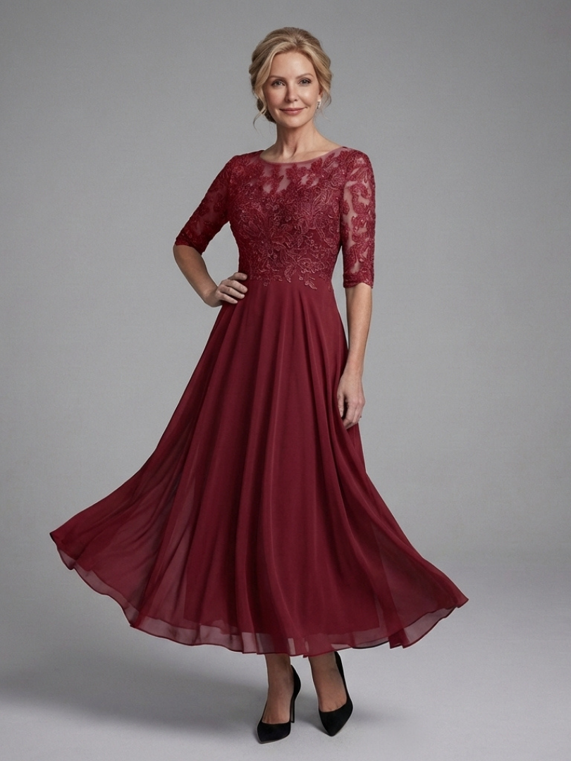 Women's Lace Bodice Midi Dress with Three-Quarter Sleeves
